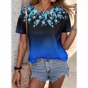 Летний топ с круглым вырезом и 3D цветочным градиентным принтом, модные повседневные женские футболки с короткими рукавами S