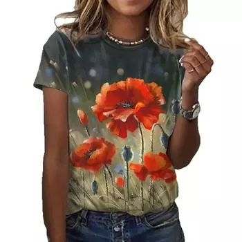 Летний топ с круглым вырезом и 3D-цветочным принтом, модные повседневные женские футболки с короткими рукавами XS