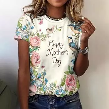 Летний топ с круглым вырезом и 3D-цветочным принтом, модные повседневные женские футболки с короткими рукавами S