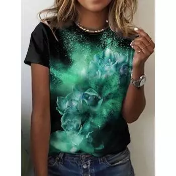 Летний топ с круглым вырезом и 3D-цветочным принтом, модные повседневные женские футболки с короткими рукавами XL