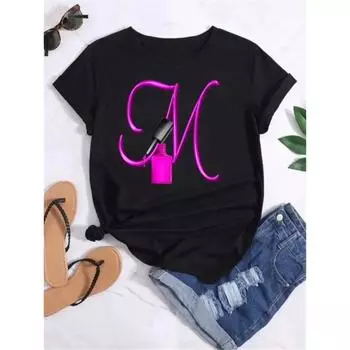 Летний топ с круглым вырезом и 3D-печатью в виде буквы «Имя» для ногтей, модные повседневные женские футболки с короткими рукавами S