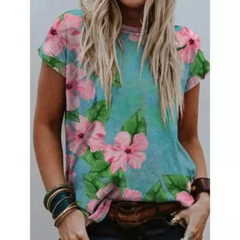 Летний топ с круглым вырезом и 3D-цветочным принтом, модные повседневные женские футболки с короткими рукавами S