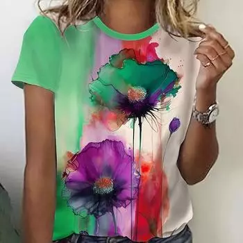 Летний топ с круглым вырезом и 3D-цветочным принтом, модные повседневные женские футболки с короткими рукавами S