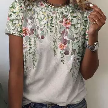 Летний топ с круглым вырезом и 3D-цветочным принтом, модные повседневные женские футболки с короткими рукавами S