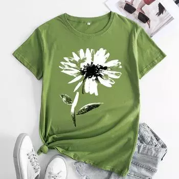 Летний топ с круглым вырезом и цветочным принтом, модная повседневная женская футболка из чистого хлопка с короткими рукавами S чёрный