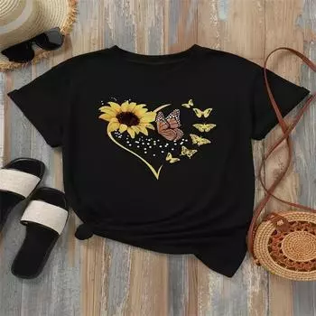 Летний топ с круглым вырезом и принтом, модные повседневные милые женские футболки из чистого хлопка с короткими рукавами M