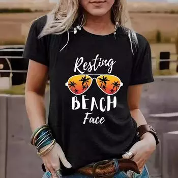 Летний топ с круглым вырезом и принтом, модные повседневные милые женские футболки из чистого хлопка с короткими рукавами M