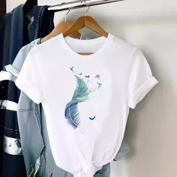 Летний топ с круглым вырезом и принтом, модные повседневные милые женские футболки с короткими рукавами из чистого хлопка, чистого белого цвета S