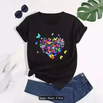 Летний топ с круглым вырезом и принтом, модные повседневные милые женские футболки из чистого хлопка с короткими рукавами M