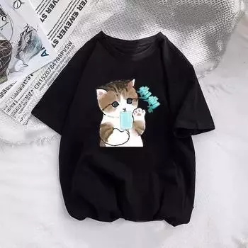 Летний топ с круглым вырезом и принтом, модные повседневные милые женские футболки из чистого хлопка с короткими рукавами S