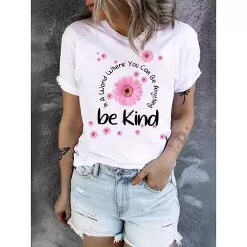 Летний топ с круглым вырезом и принтом, модные повседневные милые женские футболки из чистого хлопка с короткими рукавами M