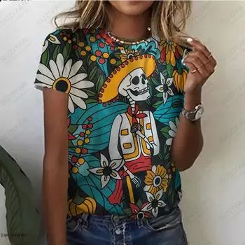 Летний топ с круглым вырезом и принтом в виде 3D-черепов, модные повседневные милые женские футболки с короткими рукавами S