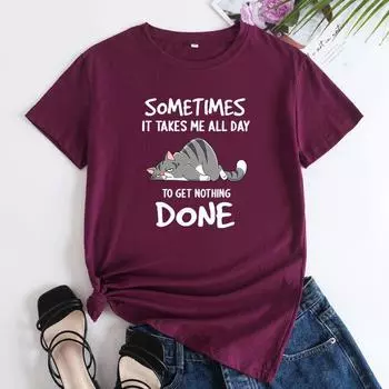 Летний топ с круглым вырезом и принтом в виде кошачьих букв, модные повседневные женские футболки из чистого хлопка с короткими рукавами S