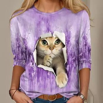 Летний топ с круглым вырезом и принтом в виде 3D-кошки, модные и повседневные женские футболки с длинными рукавами S