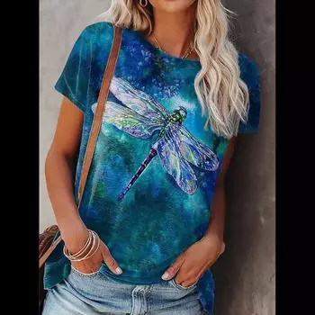 Летний топ с круглым вырезом и принтом 3D стрекозы и бабочки лотоса, модные повседневные женские футболки с короткими рукавами S