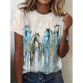 Летний топ с круглым вырезом и принтом в виде 3D-лошади, модные повседневные женские футболки с короткими рукавами S