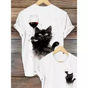 Летний топ с круглым вырезом и принтом в виде 3D-кошки, модные повседневные женские футболки с короткими рукавами S