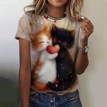 Летний топ с круглым вырезом и принтом 3D Cat, модные повседневные женские футболки с короткими рукавами XS
