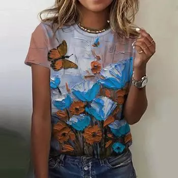 Летний топ с круглым вырезом и принтом 3D-бабочки и цветов, модные повседневные женские футболки с короткими рукавами XS