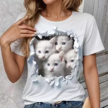 Летний топ с круглым вырезом и принтом 3D Cat, модные повседневные женские футболки с короткими рукавами S