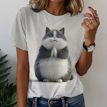 Летний топ с круглым вырезом и принтом в виде 3D-кошки, модные повседневные женские футболки с короткими рукавами S