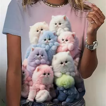Летний топ с круглым вырезом и принтом 3D Furry and Cute Cat, модные повседневные женские футболки с короткими рукавами S
