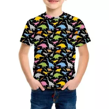 Летний топ с круглым вырезом и принтом 3D-динозавра, модные повседневные футболки с короткими рукавами для мальчиков 110