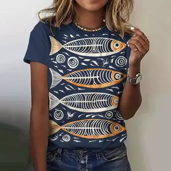 Летний топ с круглым вырезом и принтом 3D-рыб, модные повседневные женские футболки с короткими рукавами S