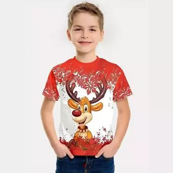 Летний топ с круглым вырезом и принтом рождественского оленя в виде 3D, модные и повседневные детские футболки для мальчиков с короткими рукавами 110