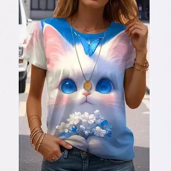 Летний топ с круглым вырезом и принтом 3D Cat, модные повседневные женские футболки с короткими рукавами XS