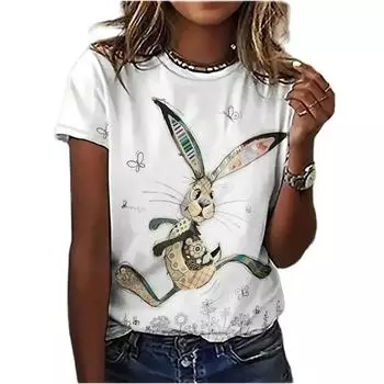 Летний топ с круглым вырезом и принтом 3D кролика, модные повседневные женские футболки с короткими рукавами S