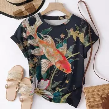 Летний топ с круглым вырезом и принтом 3D Koi Fish, модные повседневные женские футболки с короткими рукавами S