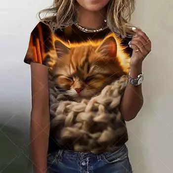 Летний топ с круглым вырезом и принтом 3D Cat, модные повседневные женские футболки с короткими рукавами 6XL