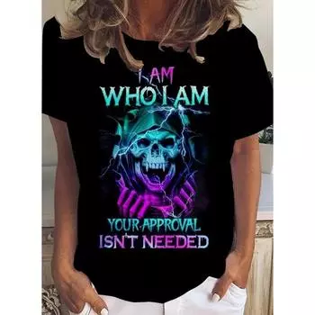 Летний топ с круглым вырезом и принтом 3D-черепов и букв, модные повседневные женские футболки с короткими рукавами S чёрный