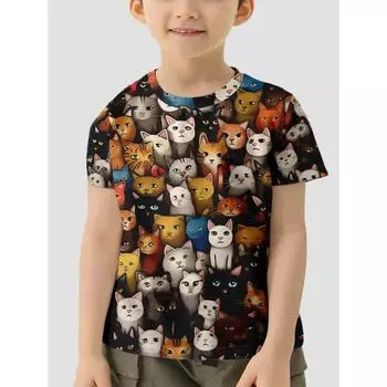 Летний топ с круглым вырезом и принтом 3D-кота, модные повседневные футболки с короткими рукавами для мальчиков 110
