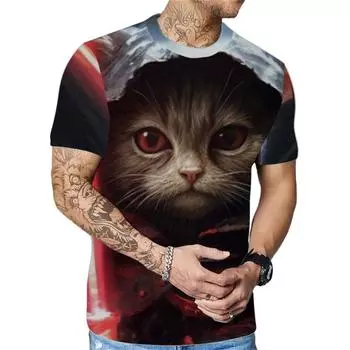 Летний топ с круглым вырезом и принтом 3D Cat, модные повседневные футболки с короткими рукавами для мужчин S
