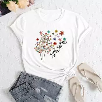 Летний топ с круглым вырезом и принтом одуванчика 3D, модные повседневные женские футболки с короткими рукавами S белый