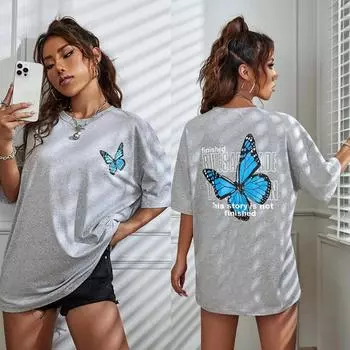 Летний топ с круглым вырезом и принтом 3D-бабочки, модные повседневные женские футболки с короткими рукавами S белый