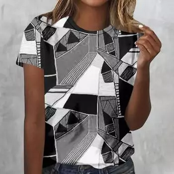 Летний топ с круглым вырезом и принтом в виде 3D-геометрического рисунка, модные повседневные женские футболки с короткими рукавами S