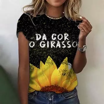 Летний топ с круглым вырезом и принтом 3D-подсолнухов, модные повседневные женские футболки с короткими рукавами S