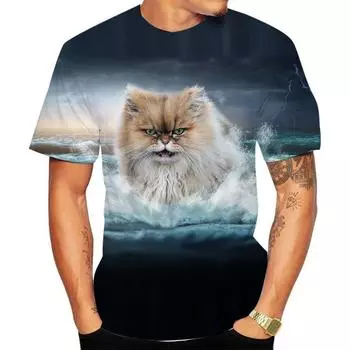 Летний топ с круглым вырезом и принтом 3D Cat, модные повседневные футболки с короткими рукавами для мужчин XS