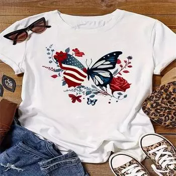 Летний топ с круглым вырезом и принтом, модные повседневные милые женские футболки из чистого хлопка с короткими рукавами M