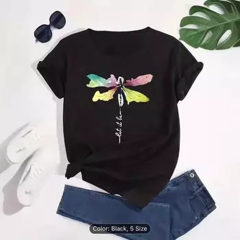 Летний топ с круглым вырезом и принтом, модные повседневные милые женские футболки из чистого хлопка с короткими рукавами M