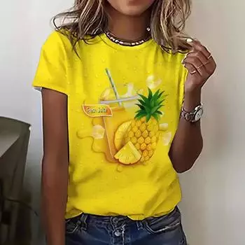Летний топ с круглым вырезом и принтом фруктового сока и напитков, модные повседневные женские футболки с короткими рукавами S