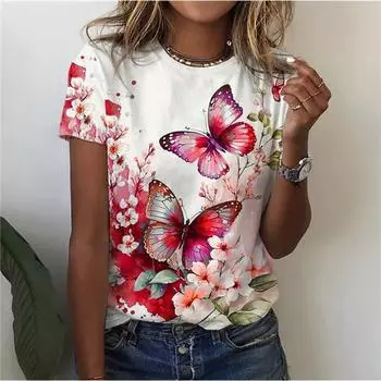 Летний топ с круглым вырезом и принтом 3D-бабочки, модные повседневные женские футболки с короткими рукавами S