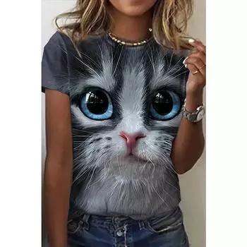 Летний топ с круглым вырезом и принтом 3D Cat, модные повседневные женские футболки с короткими рукавами XS