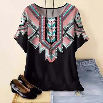 Летний топ с круглым вырезом и принтом в этническом стиле в стиле ретро, модные повседневные футболки с короткими рукавами для женщин больших размеров XL