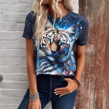Летний топ с круглым вырезом и принтом в виде 3D животного тигра, модные повседневные женские футболки с короткими рукавами S