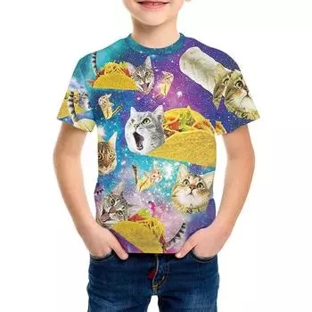 Летний топ с круглым вырезом и принтом в виде 3D-кота, модные и повседневные детские футболки для мальчиков с короткими рукавами 170