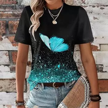 Летний топ с круглым вырезом и принтом 3D-бабочки, модные повседневные женские футболки с короткими рукавами XS
